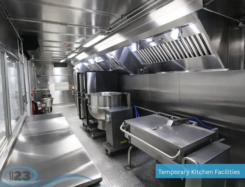 Commercial cooking equipment and preparation space inside a Modular Dining Room Rental mobile kitchen