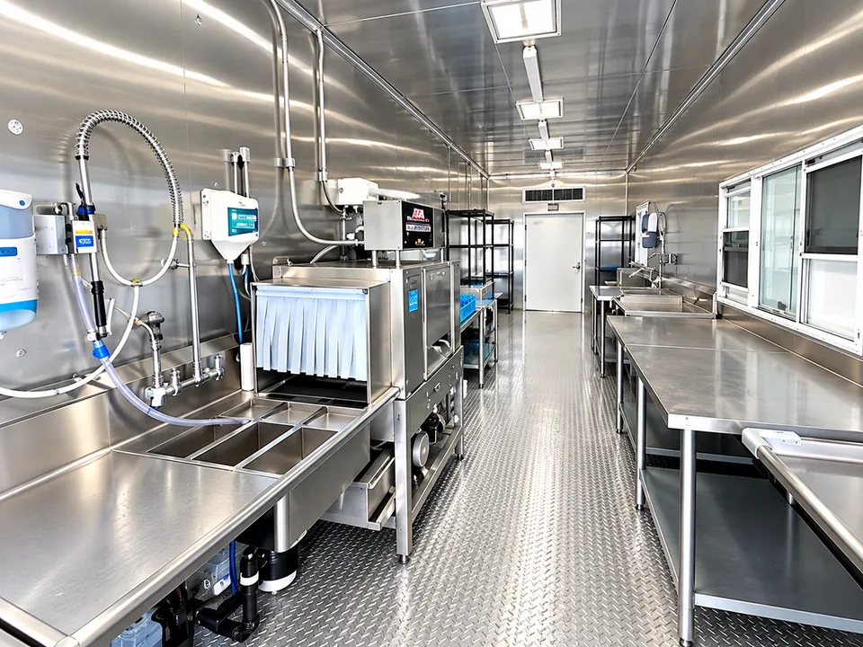 Commercial dishwashing equipment and stainless sinks inside a mobile dishwashing trailer